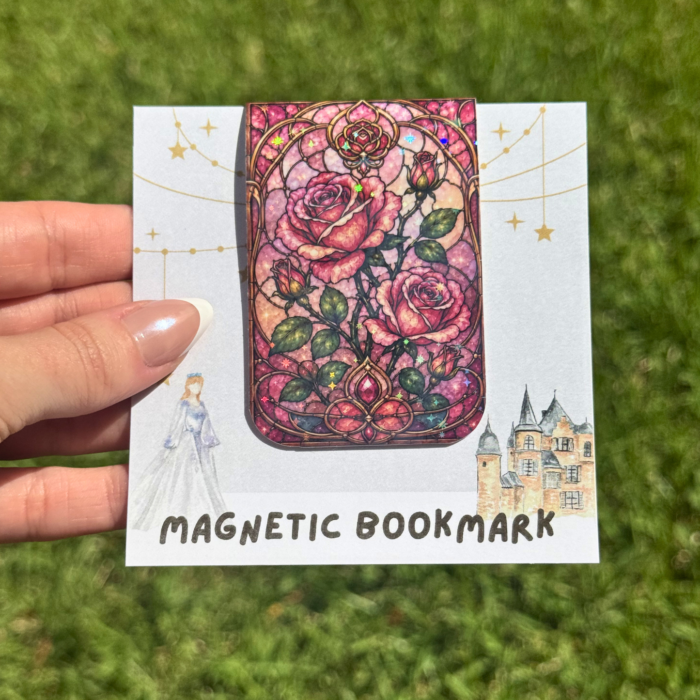 Pink Roses Stained Glass Magnetic Bookmark