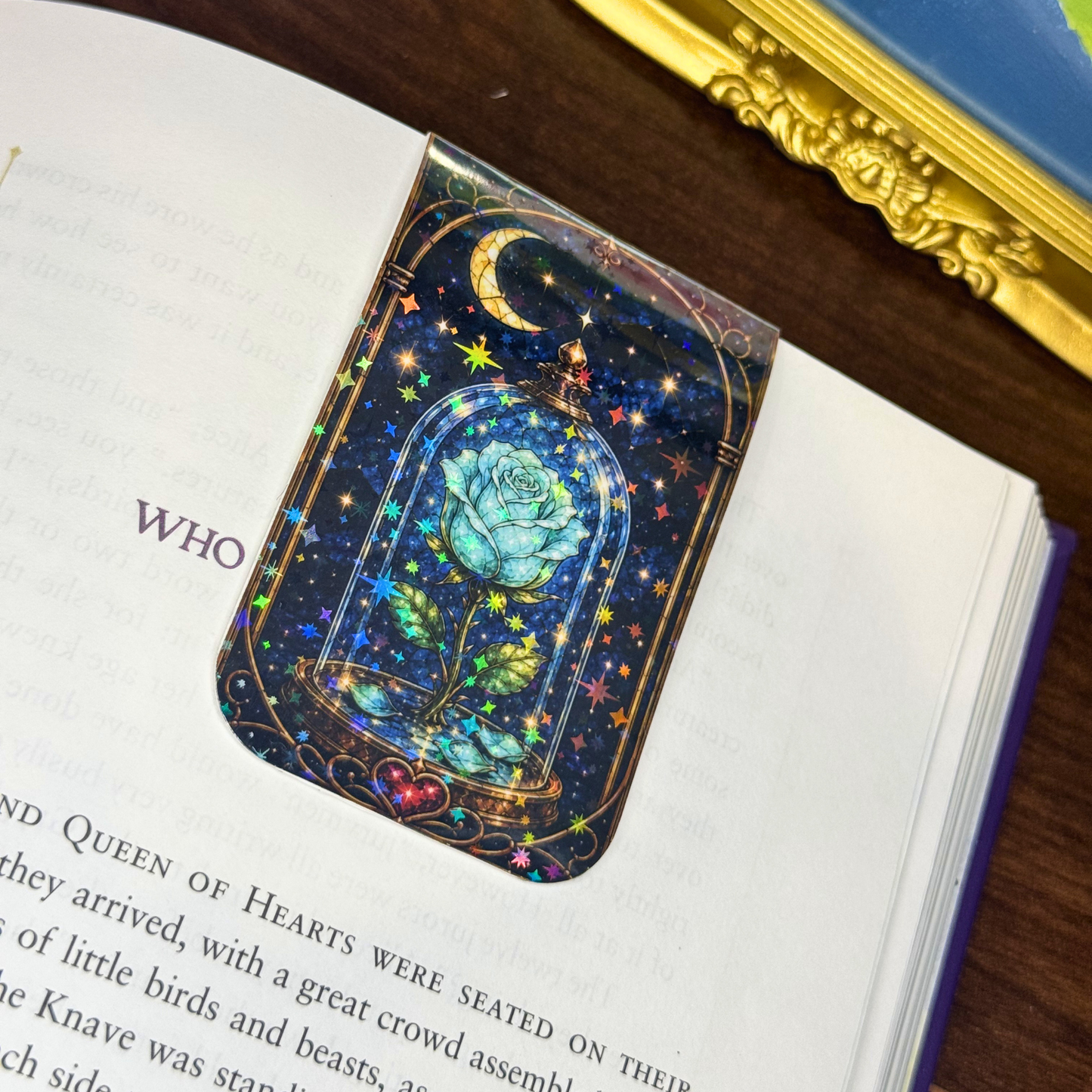 Enchanted Glass Blue Rose Magnetic Bookmark