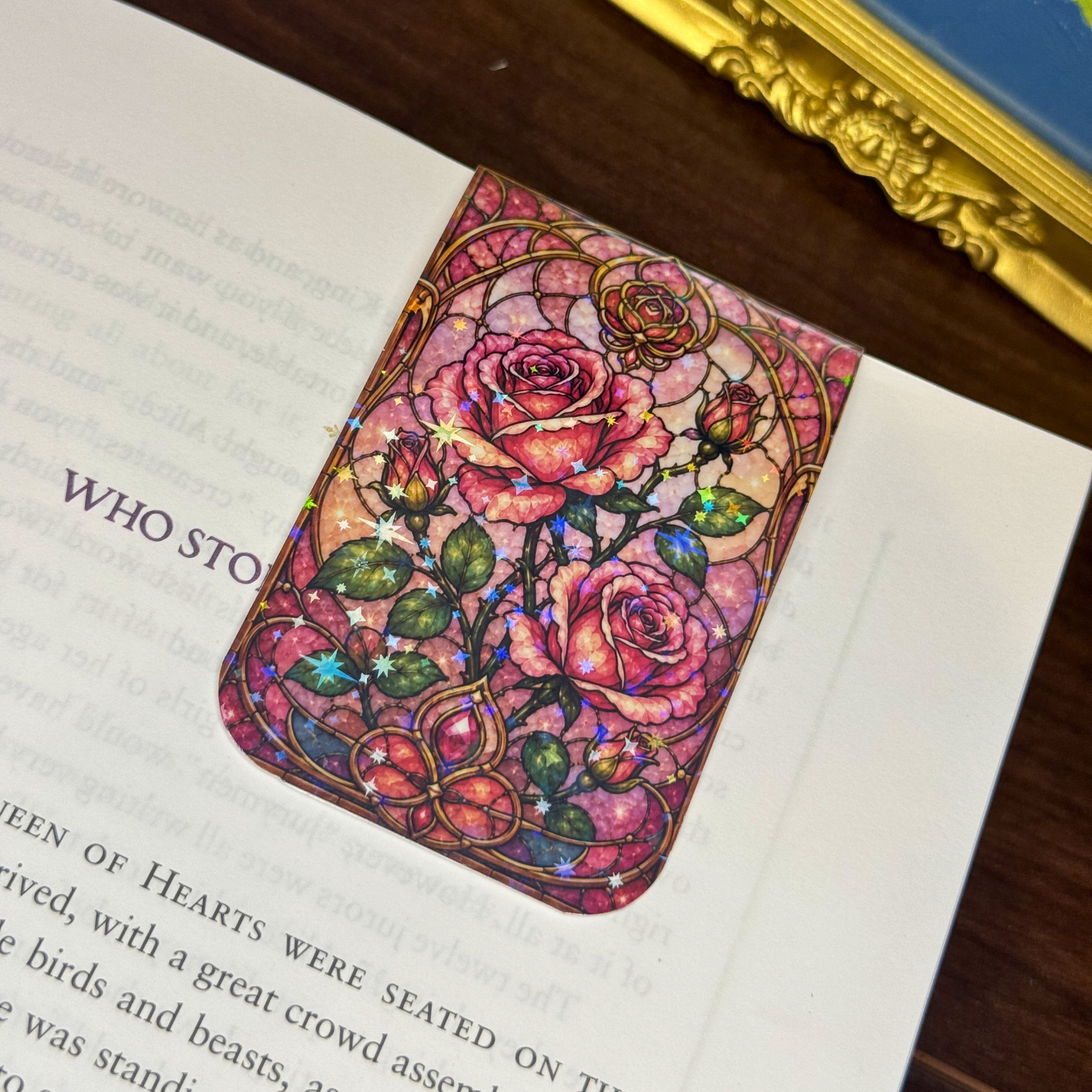 Pink Roses Stained Glass Magnetic Bookmark