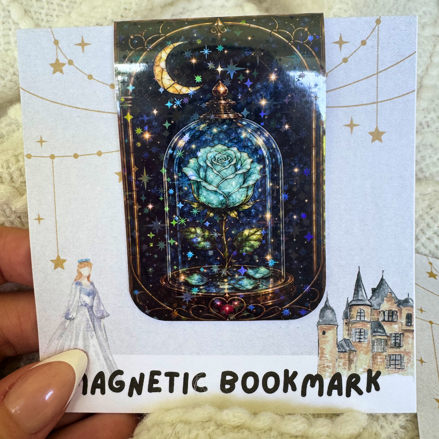 Enchanted Glass Blue Rose Magnetic Bookmark