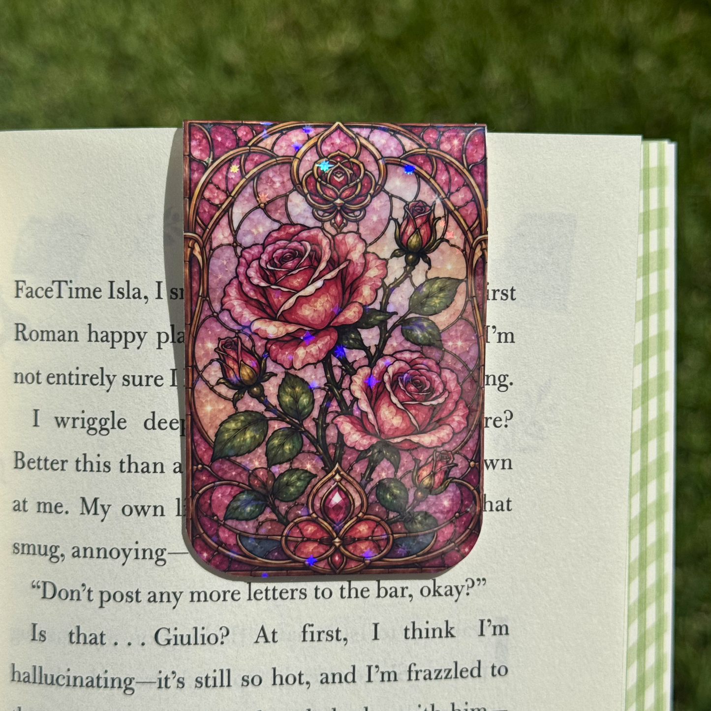 Pink Roses Stained Glass Magnetic Bookmark