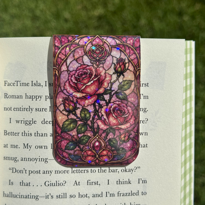 Pink Roses Stained Glass Magnetic Bookmark