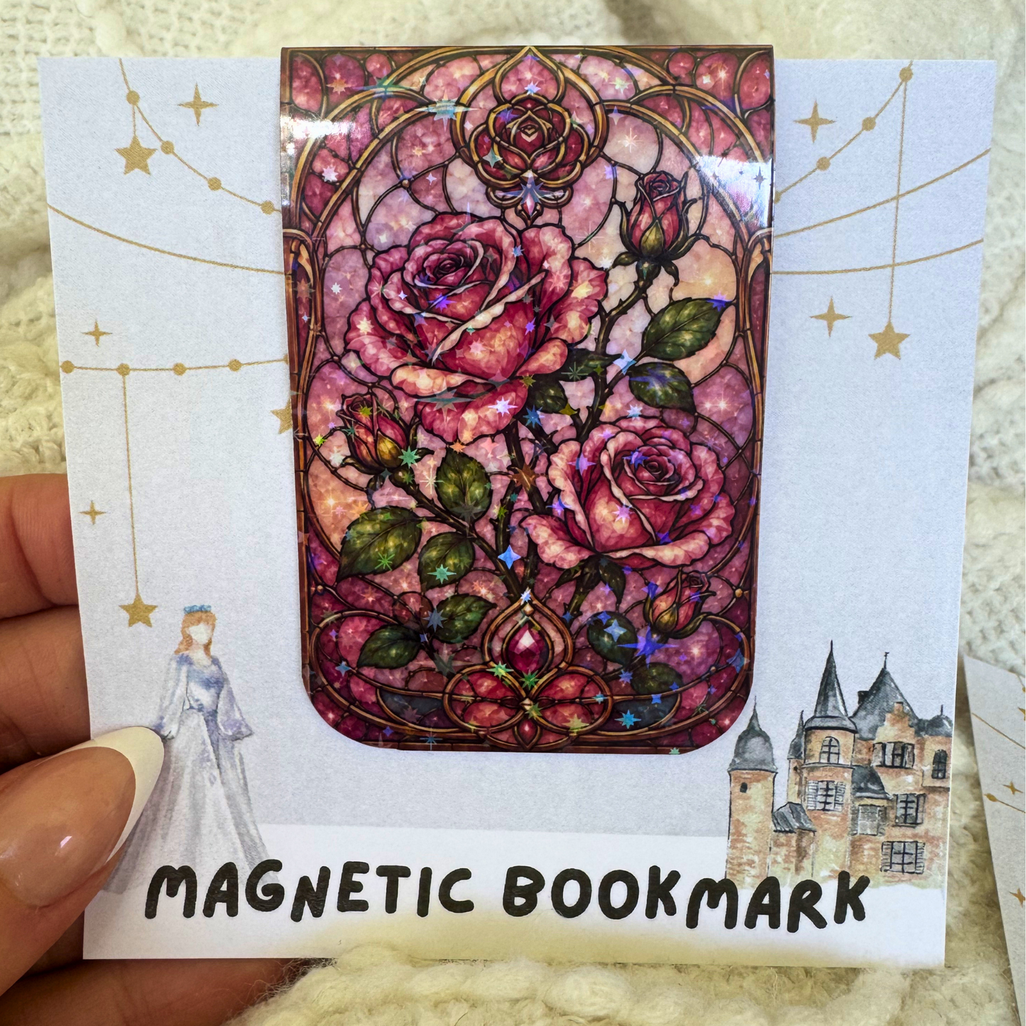 Pink Roses Stained Glass Magnetic Bookmark