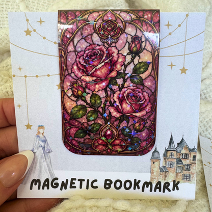 Pink Roses Stained Glass Magnetic Bookmark