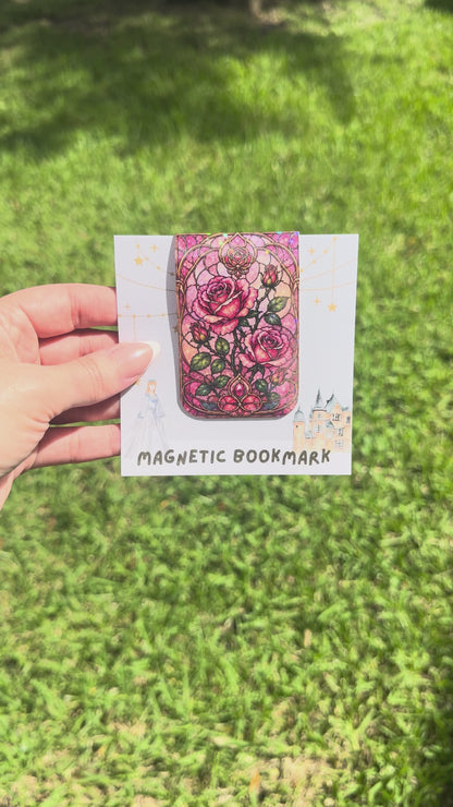 Pink Roses Stained Glass Magnetic Bookmark